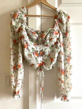 Privy Floral Ruched Long-Sleeve White with Orange & Pink Crop Blouse size S
